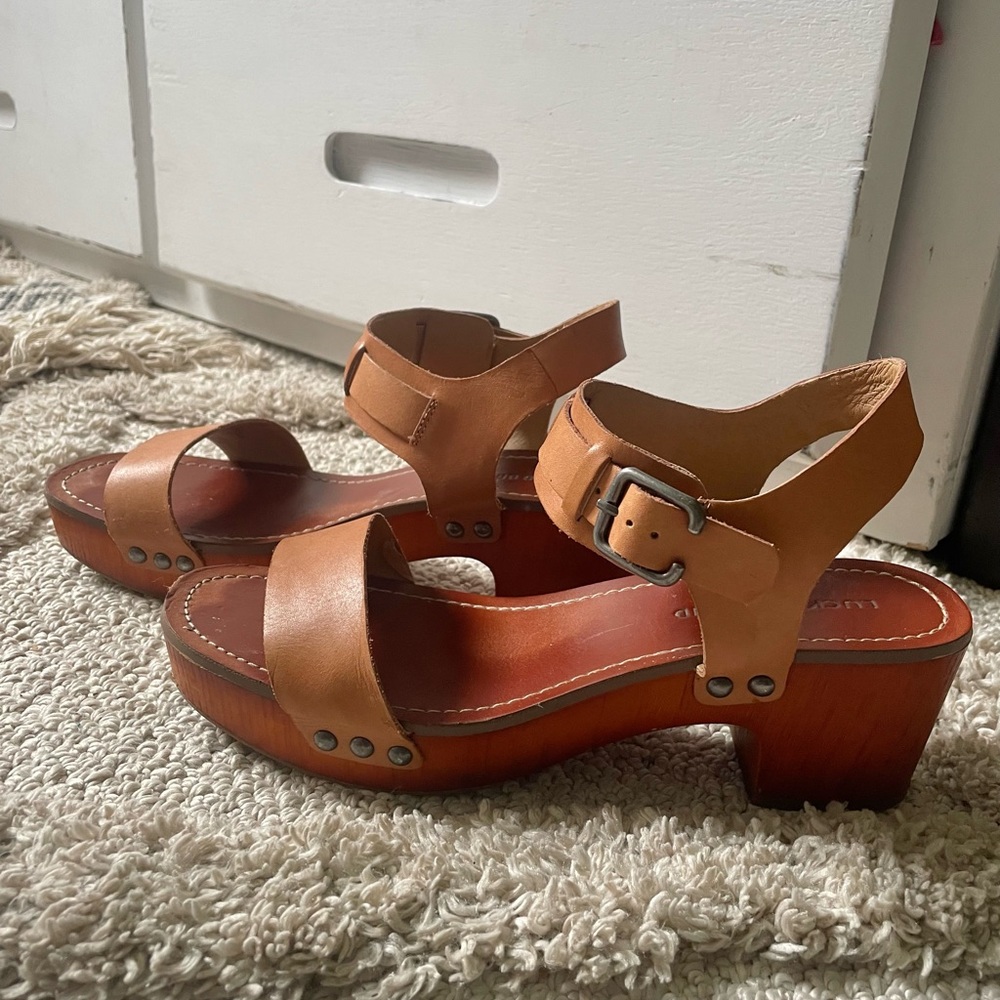 Lucky Brand Womens Hannela Brown Leather Boho Wooden Platform Sandals Size 10